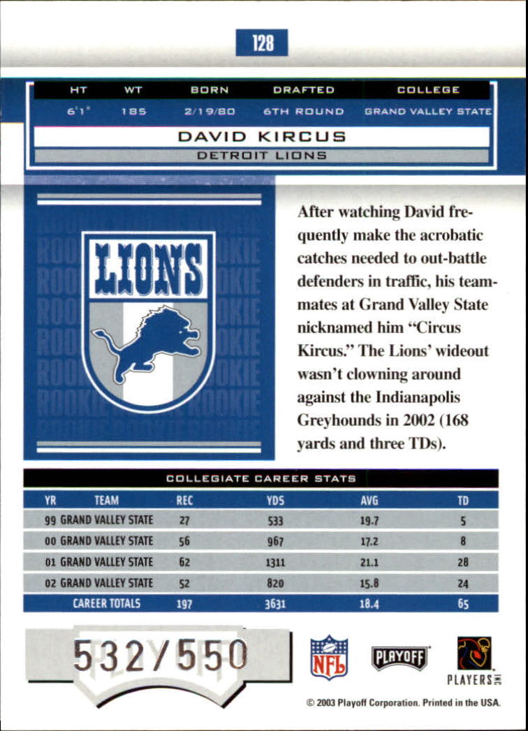 2003 Playoff Honors #128 David Kircus RC back image