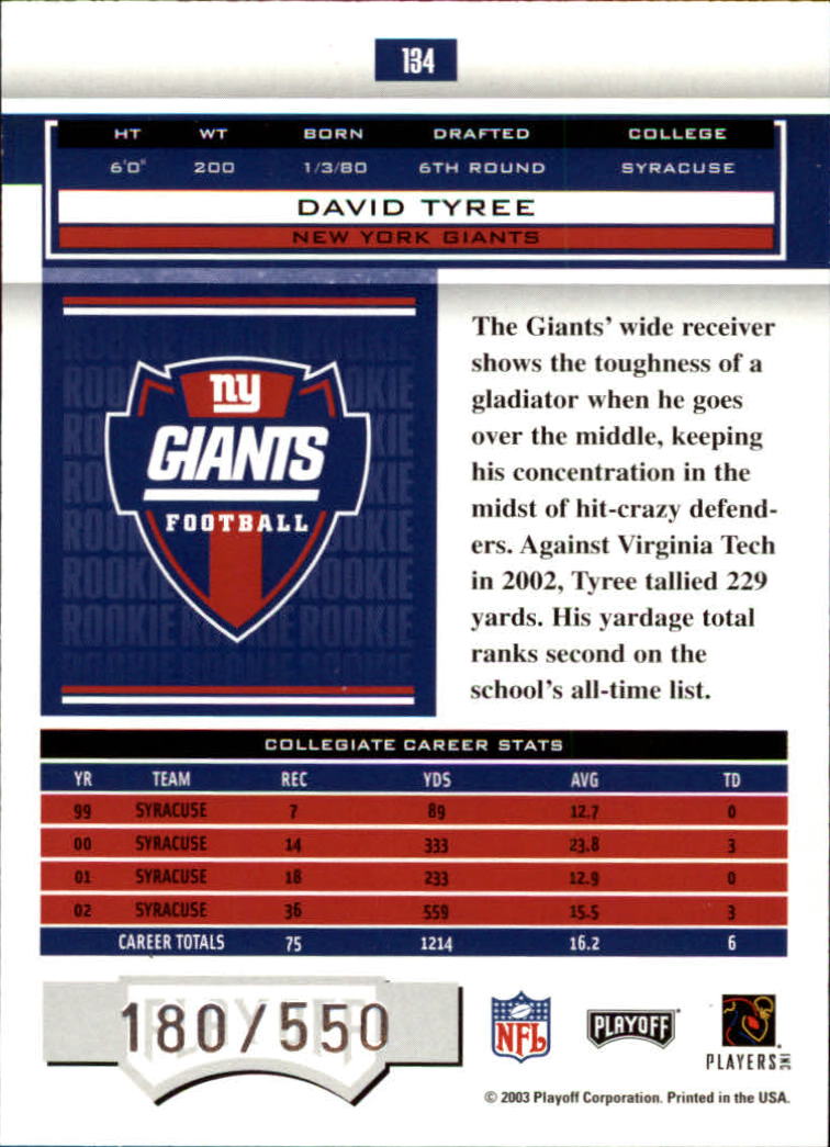 2003 Playoff Honors #134 David Tyree RC back image