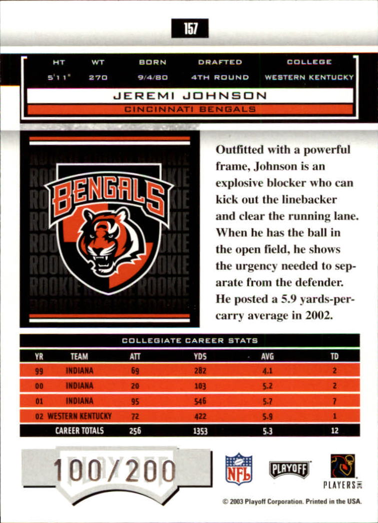 2003 Playoff Honors #157 Jeremi Johnson RC back image