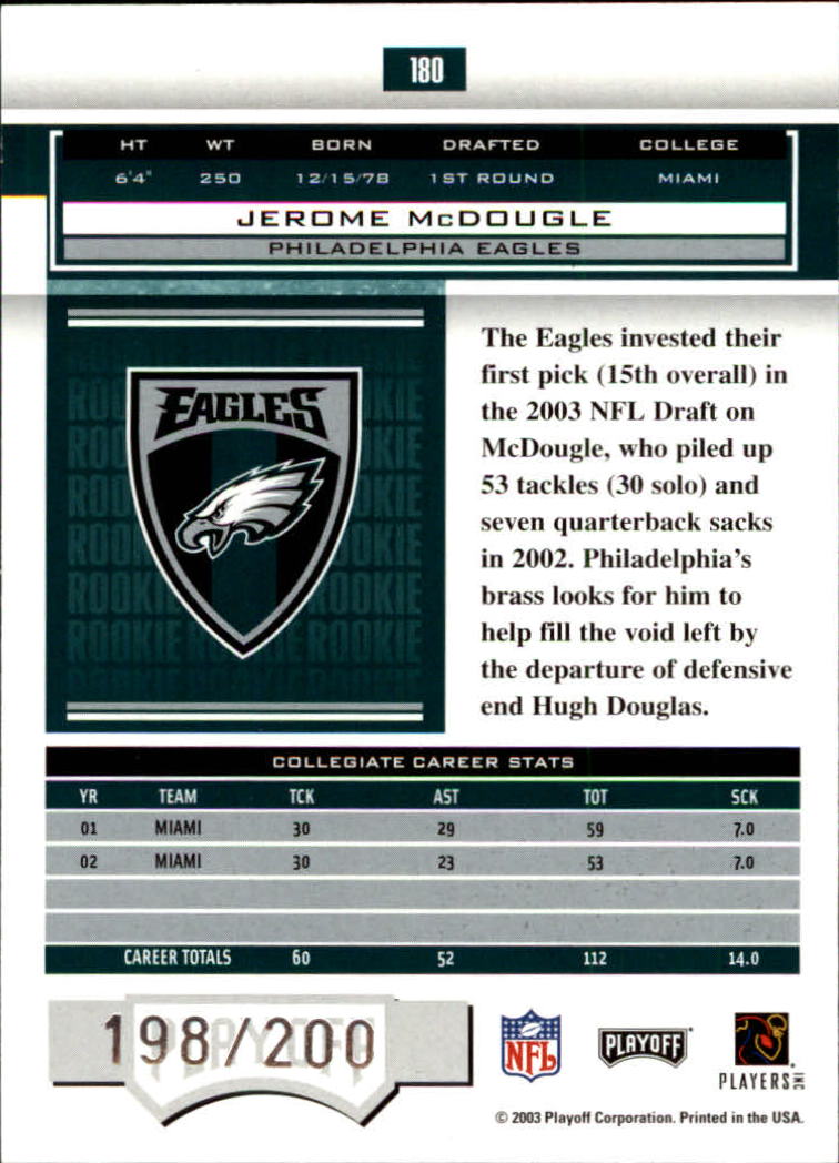 2003 Playoff Honors #180 Jerome McDougle RC back image