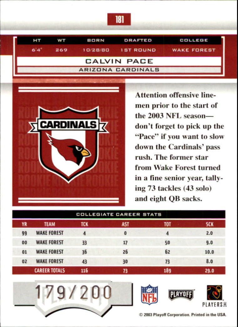 2003 Playoff Honors #181 Calvin Pace RC back image