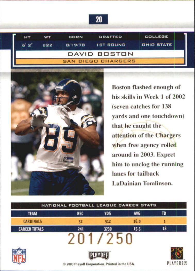 2003 Playoff Honors X's #20 David Boston back image