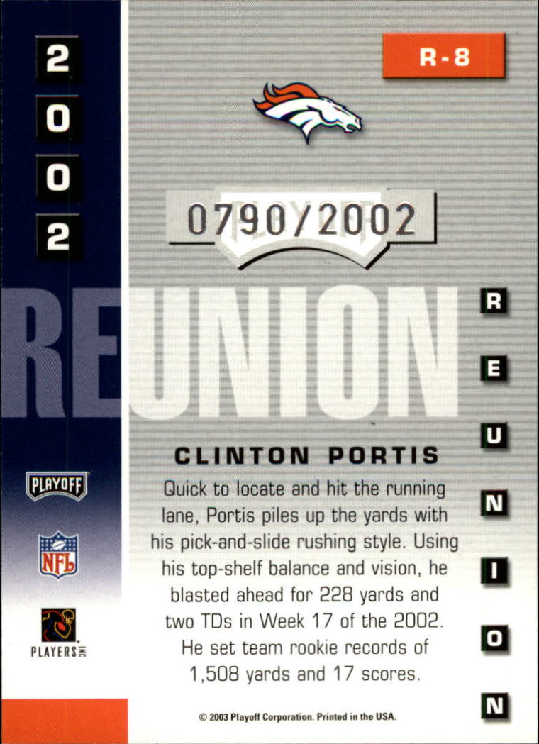 2003 Playoff Prestige 2002 Reunion #R8 Clinton Portis back image