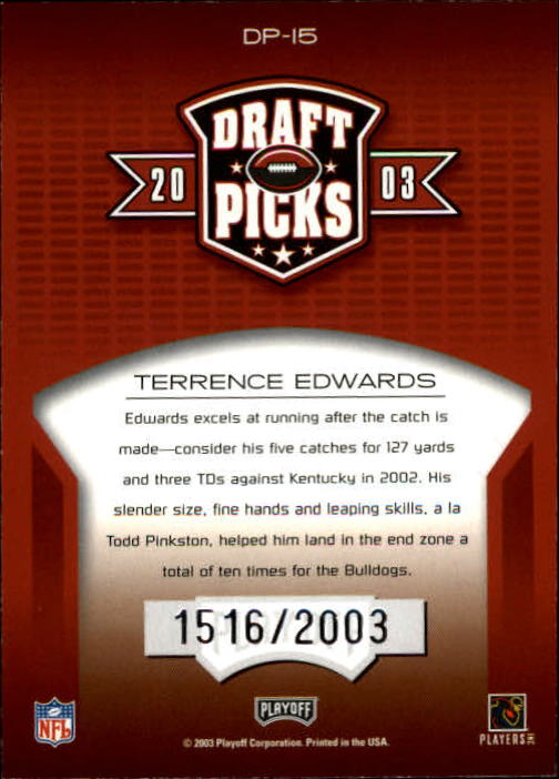 2003 Playoff Prestige Draft Picks #DP15 Terrence Edwards back image