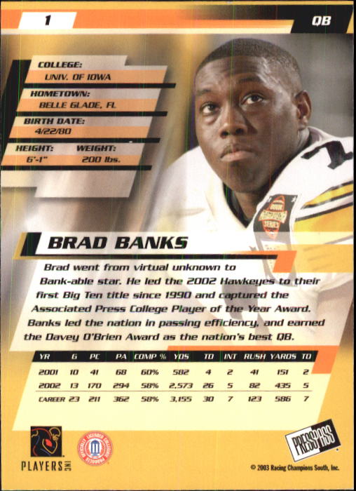 2003 Press Pass #1 Brad Banks back image