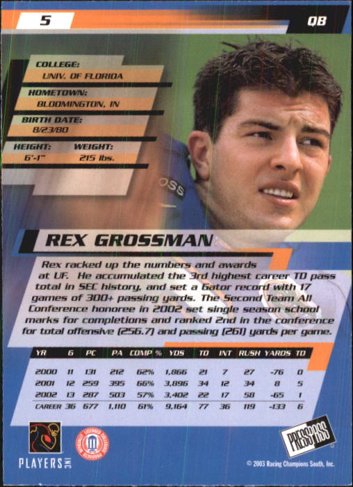 2003 Press Pass #5 Rex Grossman back image