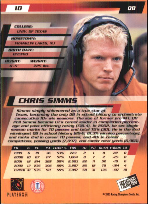 2003 Press Pass #10 Chris Simms back image