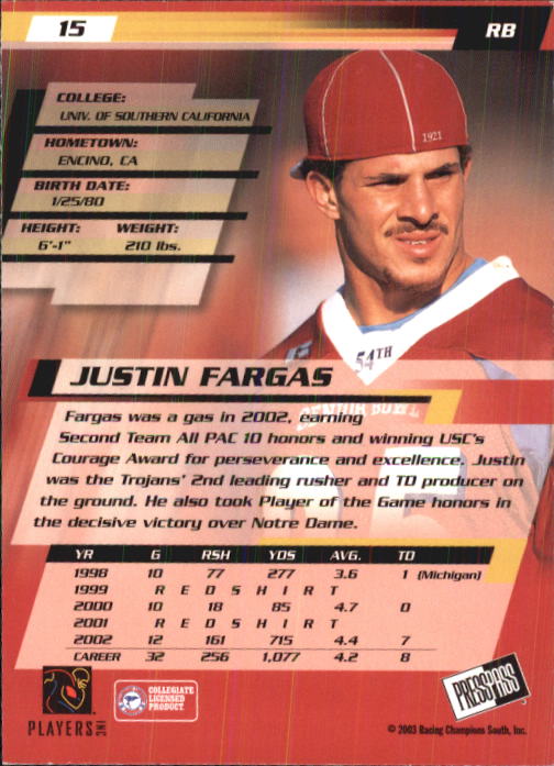 2003 Press Pass #15 Justin Fargas back image