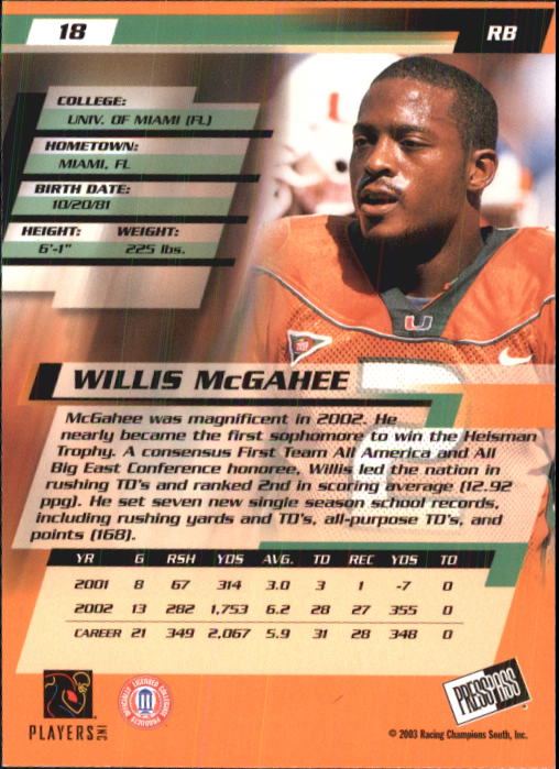 2003 Press Pass #18 Willis McGahee back image