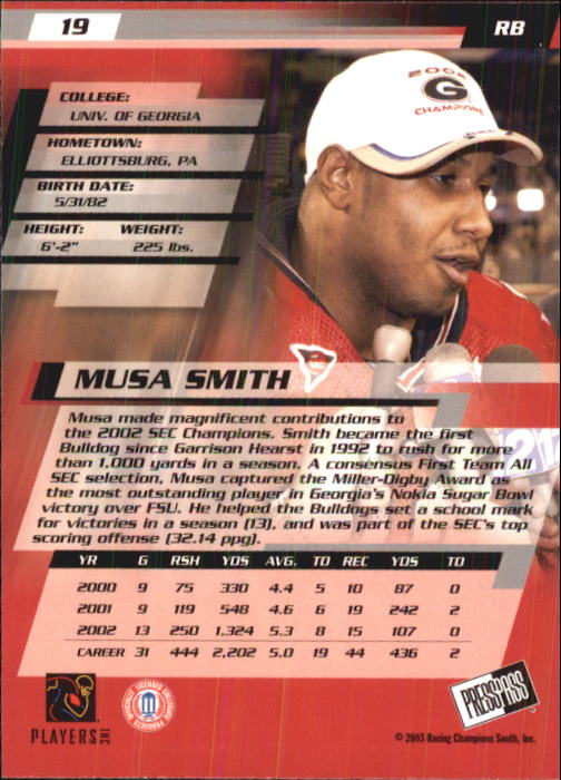 2003 Press Pass #19 Musa Smith back image