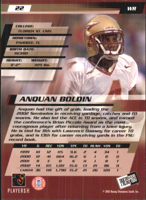 2003 Press Pass #22 Anquan Boldin back image
