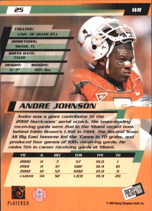 2003 Press Pass #25 Andre Johnson back image