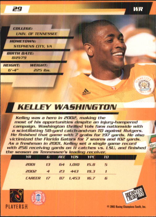 2003 Press Pass #29 Kelley Washington back image