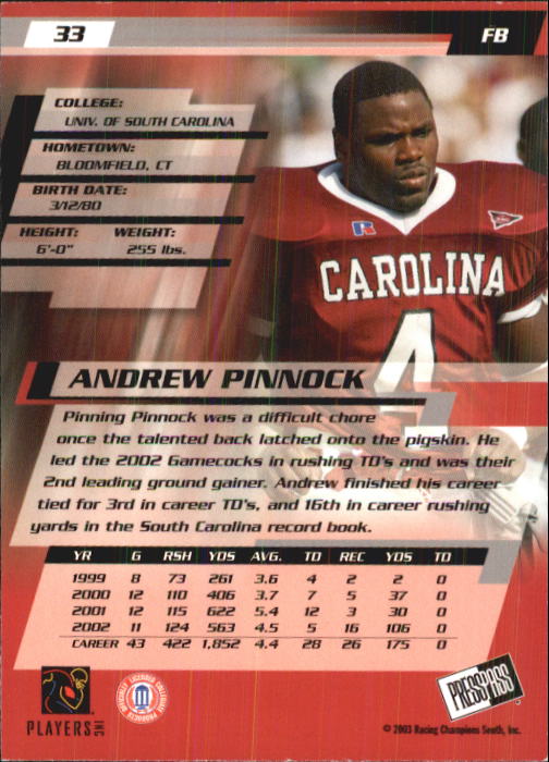 2003 Press Pass #33 Andrew Pinnock back image