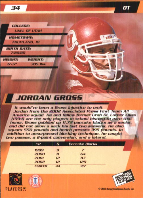 2003 Press Pass #34 Jordan Gross back image