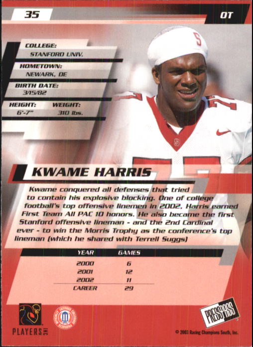 2003 Press Pass #35 Kwame Harris back image