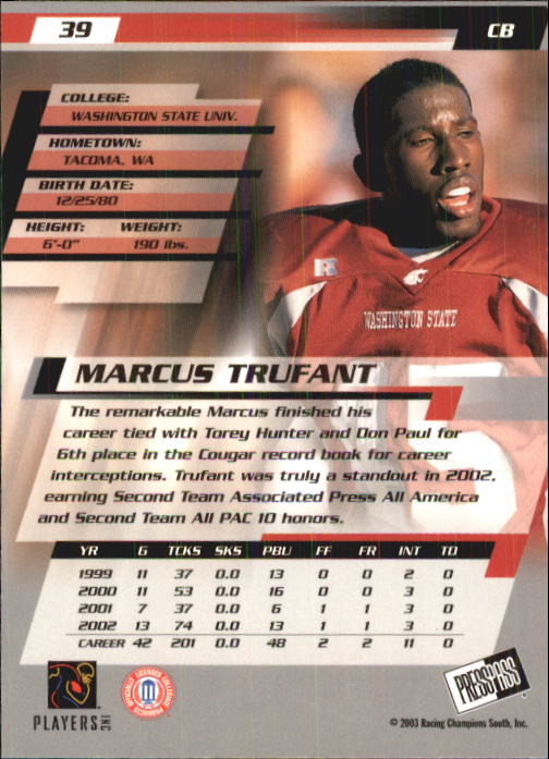 2003 Press Pass #39 Marcus Trufant back image