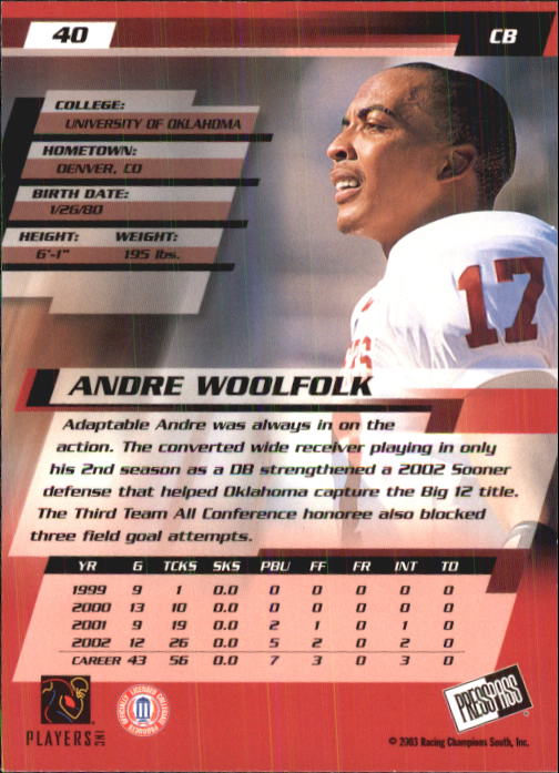 2003 Press Pass #40 Andre Woolfolk back image