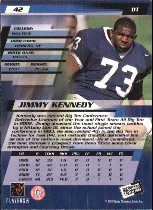 2003 Press Pass #42 Jimmy Kennedy back image
