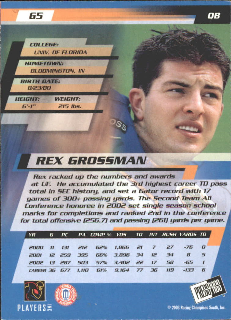 2003 Press Pass Gold Zone #G5 Rex Grossman back image