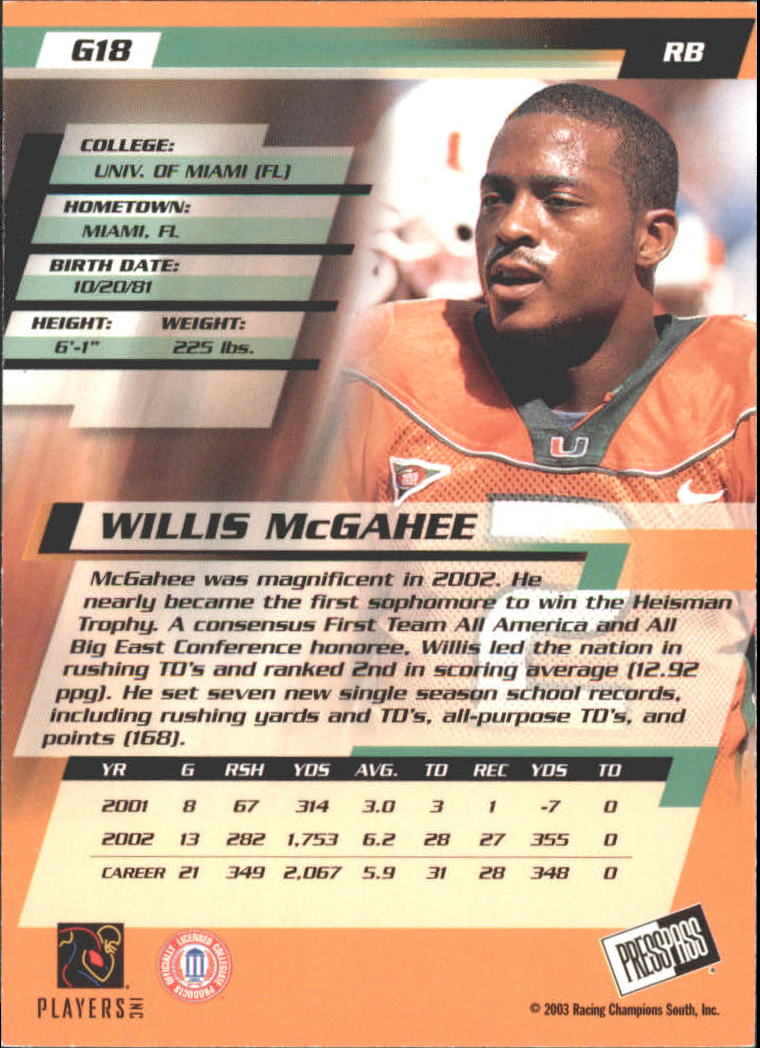 2003 Press Pass Gold Zone #G18 Willis McGahee back image