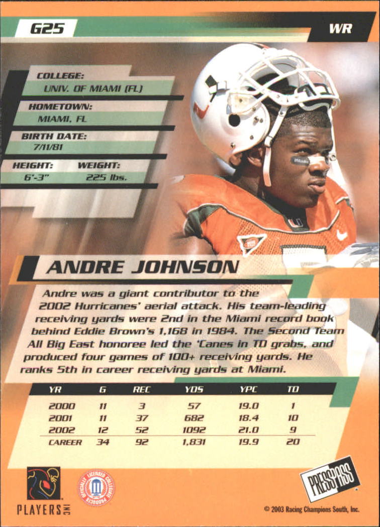 2003 Press Pass Gold Zone #G25 Andre Johnson back image
