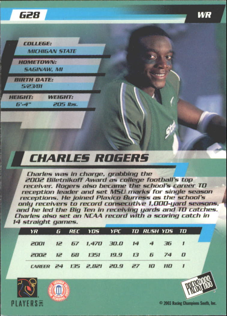 2003 Press Pass Gold Zone #G28 Charles Rogers back image