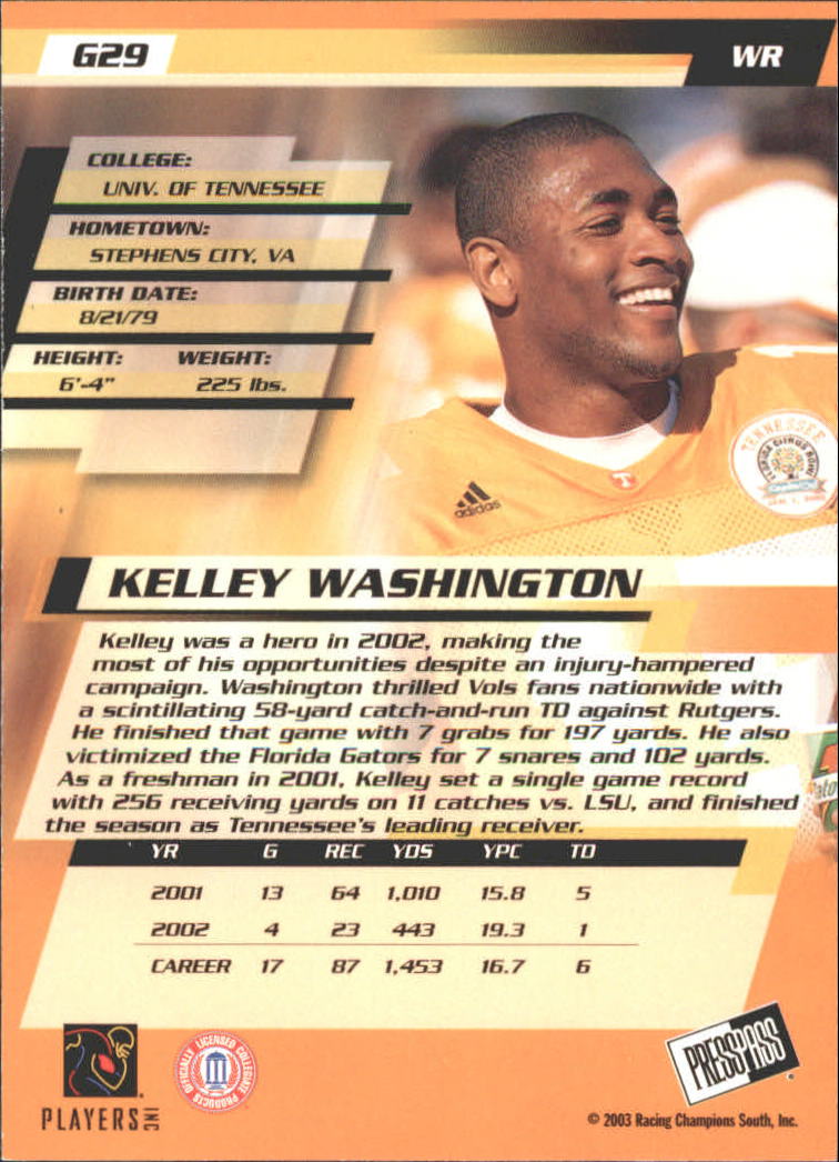 2003 Press Pass Gold Zone #G29 Kelley Washington back image