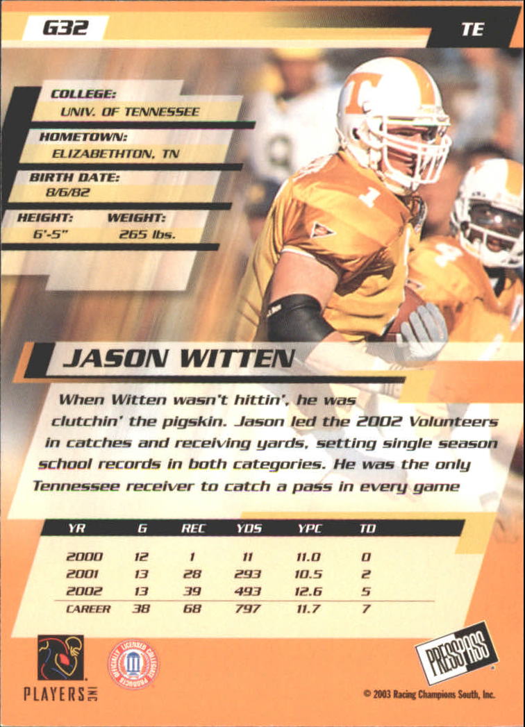 2003 Press Pass Gold Zone #G32 Jason Witten back image