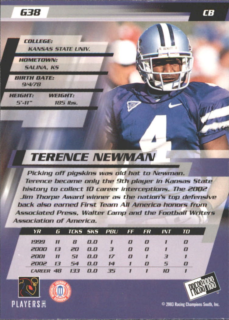 2003 Press Pass Gold Zone #G38 Terence Newman back image