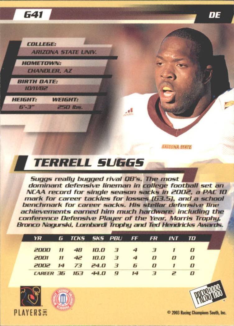 2003 Press Pass Gold Zone #G41 Terrell Suggs back image