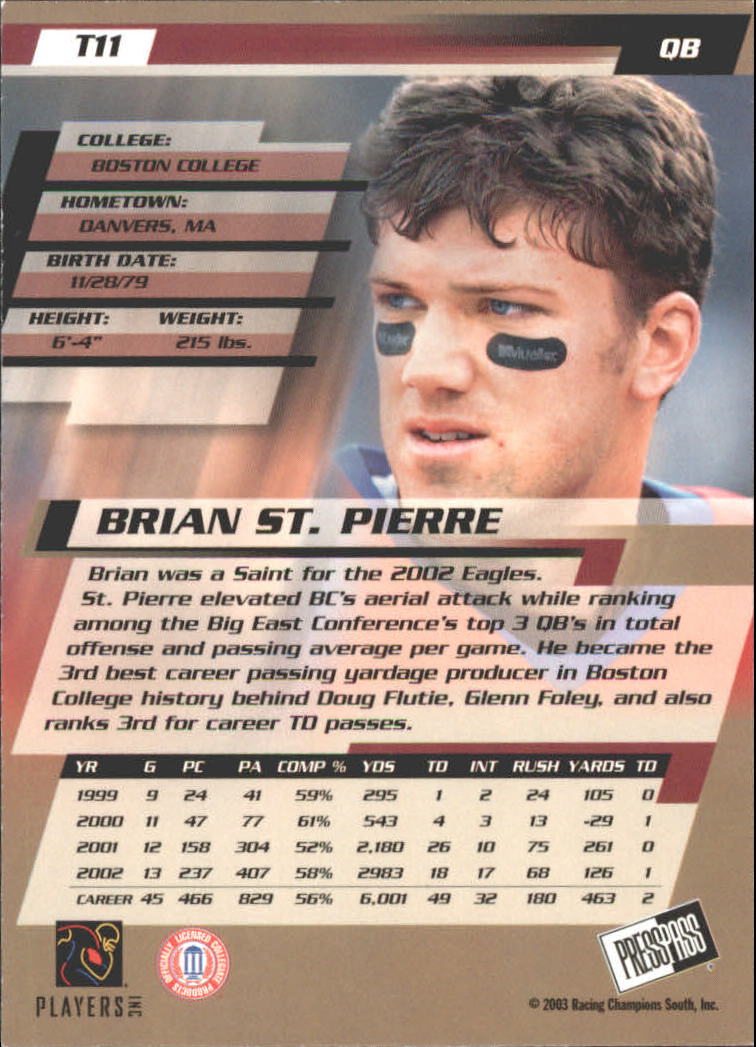 2003 Press Pass Torquers #T11 Brian St.Pierre back image