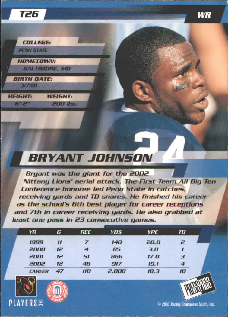 2003 Press Pass Torquers #T26 Bryant Johnson back image