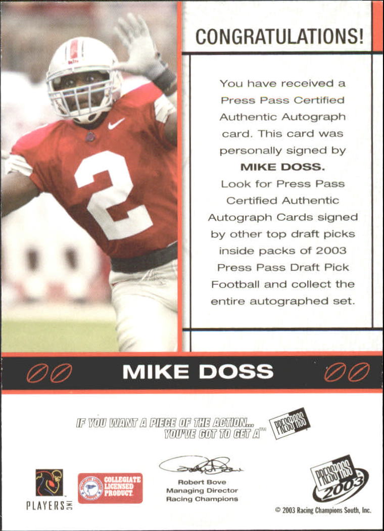 2003 Press Pass Autographs Bronze #14 Mike Doss back image