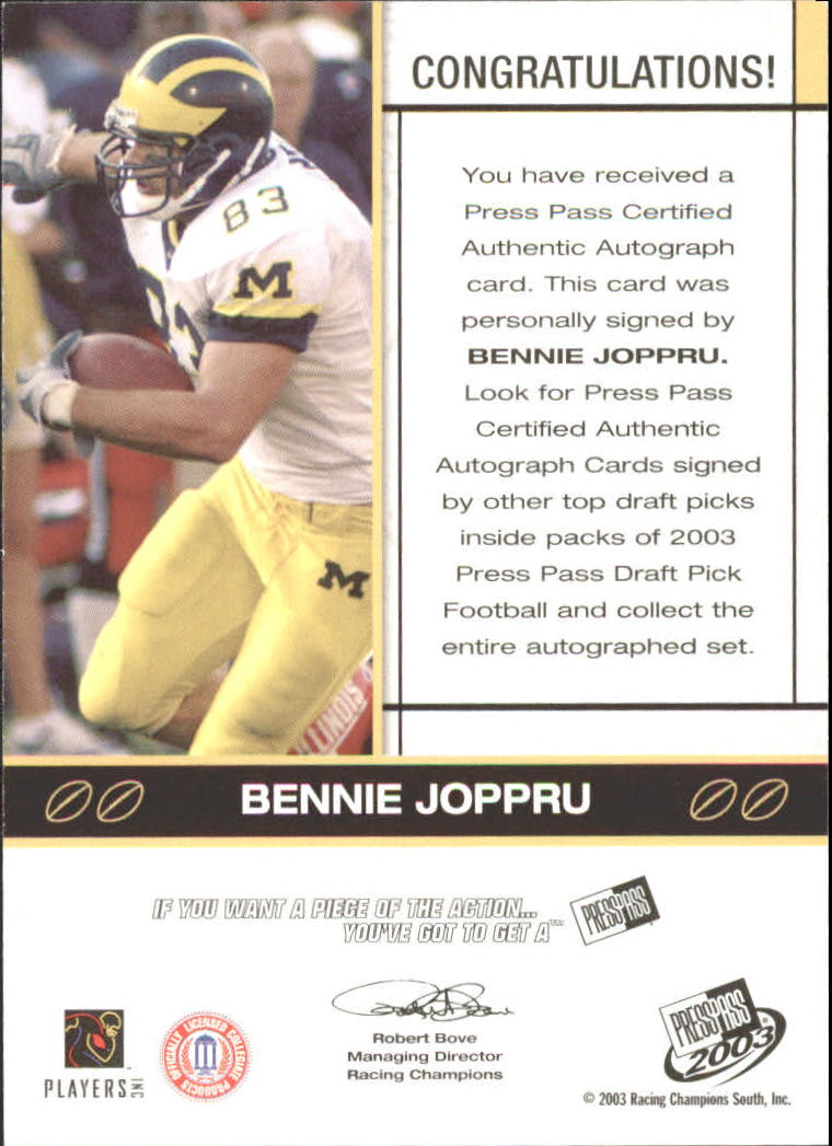 2003 Press Pass Autographs Bronze #30 Bennie Joppru back image