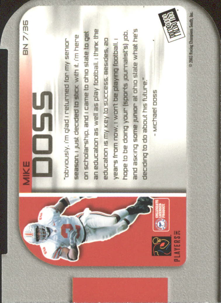 2003 Press Pass Big Numbers #BN7 Mike Doss back image