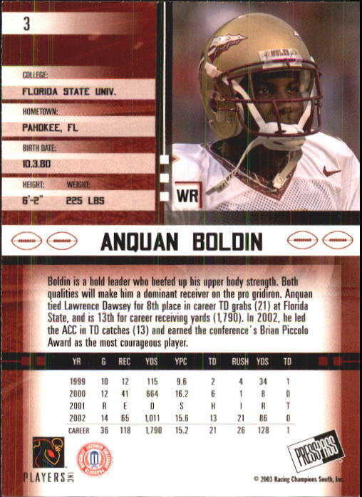 2003 Press Pass JE #3 Anquan Boldin back image