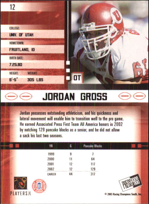 2003 Press Pass JE #12 Jordon Gross back image
