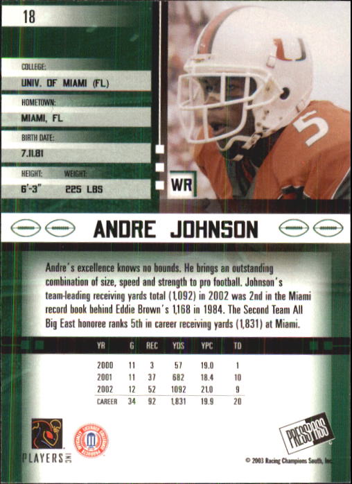 2003 Press Pass JE #18 Andre Johnson back image