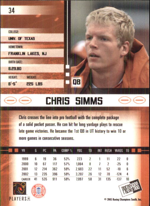 2003 Press Pass JE #34 Chris Simms back image