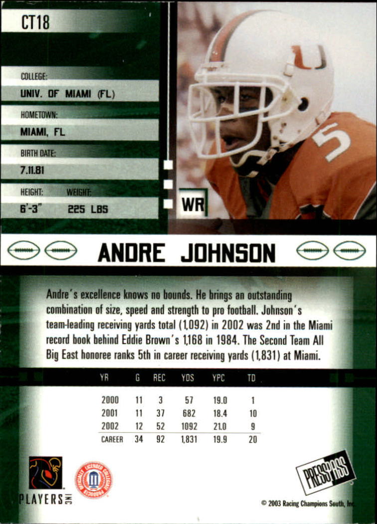 2003 Press Pass JE Tin #CT18 Andre Johnson back image