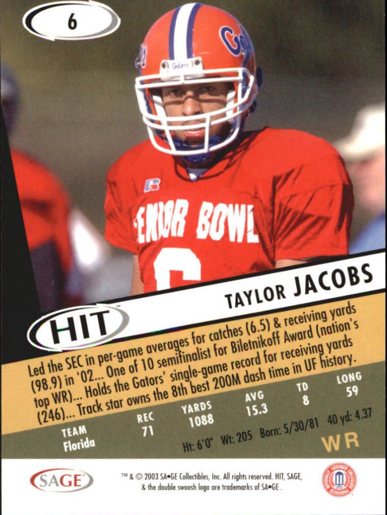 2003 SAGE HIT #6 Taylor Jacobs back image