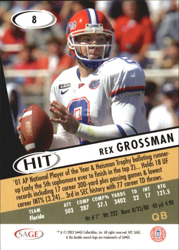 2003 SAGE HIT #8 Rex Grossman back image