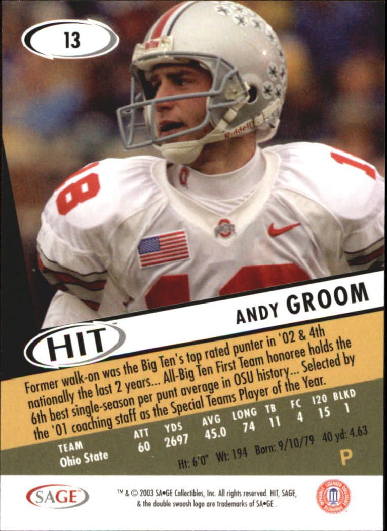 2003 SAGE HIT #13 Andy Groom back image