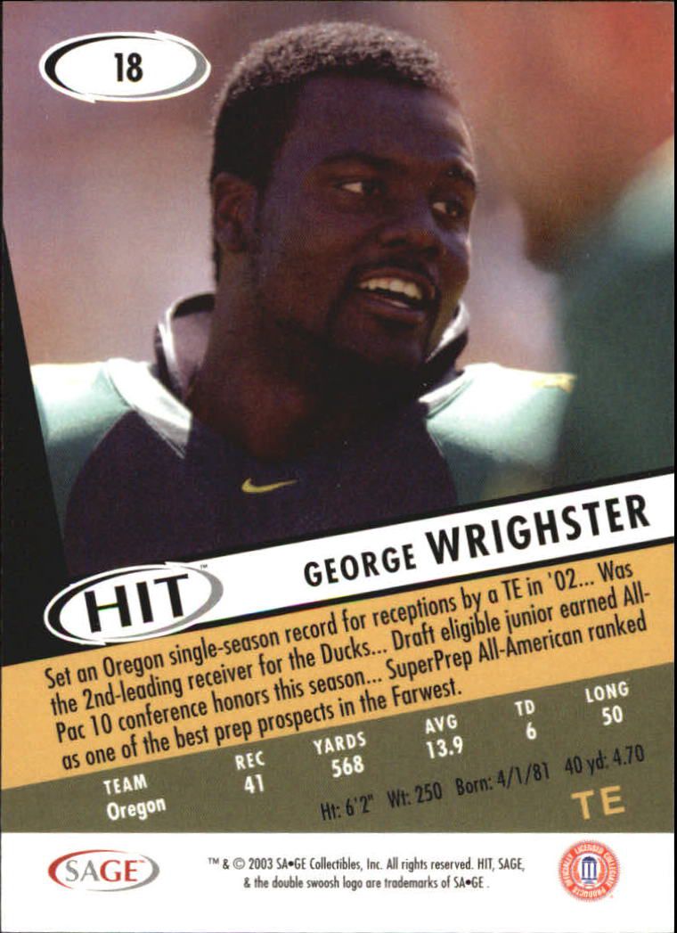 2003 SAGE HIT #18 George Wrighster back image