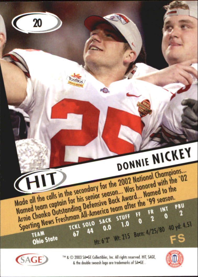 2003 SAGE HIT #20 Donnie Nickey back image