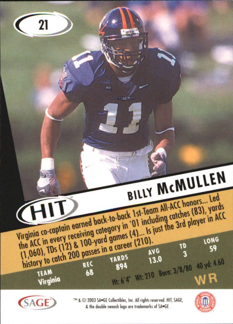 2003 SAGE HIT #21 Billy McMullen back image