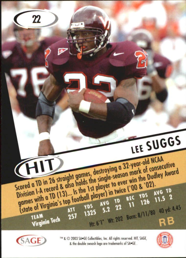 2003 SAGE HIT #22 Lee Suggs back image