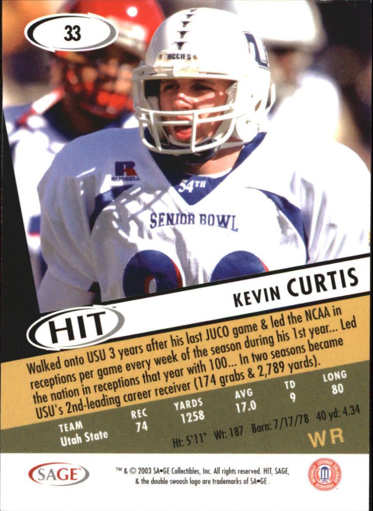 2003 SAGE HIT #33 Kevin Curtis back image