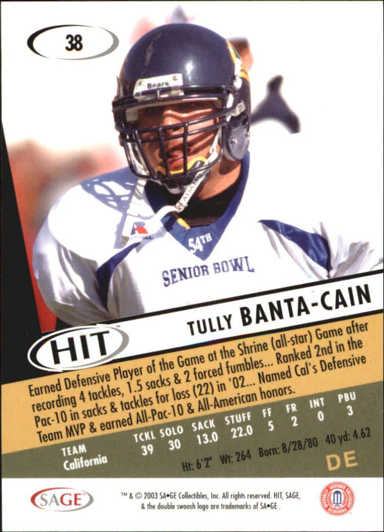 2003 SAGE HIT #38 Tully Banta-Cain back image